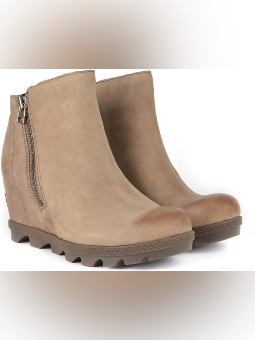 Sorel Joan of Arctic Ash Brown Suede Wedge Zip Ankle Booties - 9